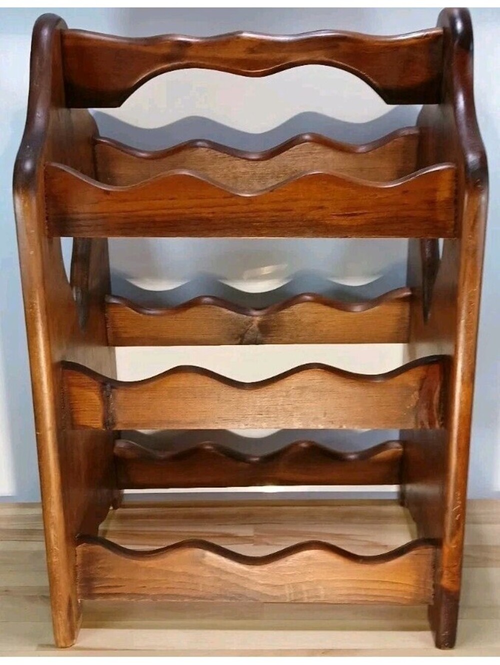 Wood Wine Rack - Solid Wood -Holds 9 Bottles Heart Shaped Cutout 11x14x21 - VTG